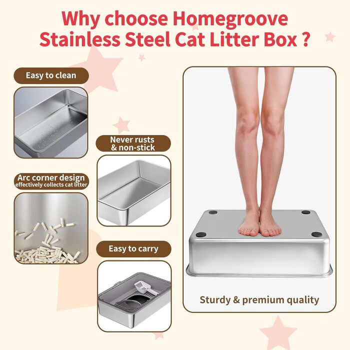 Лотку для котів з нержавіючої сталі з кришкою, великий, для великих котів, з совоком та килимком сірого кольору
