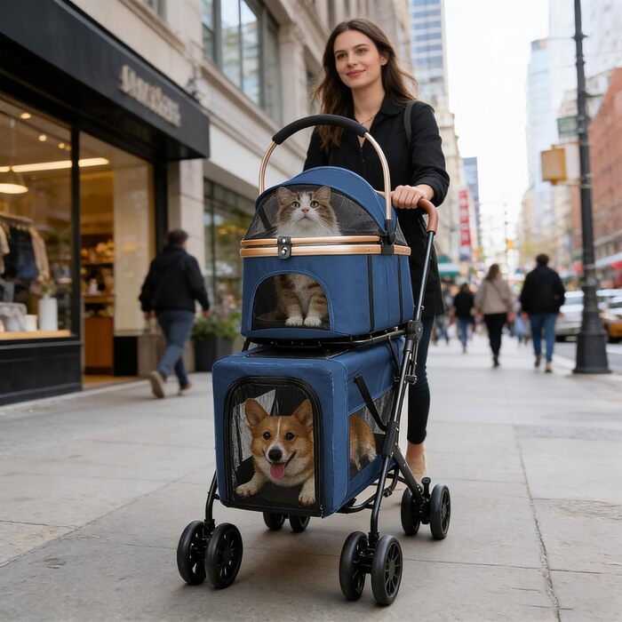 Візок для тварин, бугі для собак та котів, складний, блакитний. Матеріал: дихаюче сіткоподібне полотно + водовідштовхувальне оксфордське полотно 300D. Макс. вага: 20 кг.