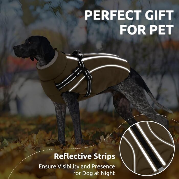 Теплий зимовий одяг для собак: куртка з блискавкою, вітрозахисна, з відбиваючими смугами та нагрудником, коричнева, XL