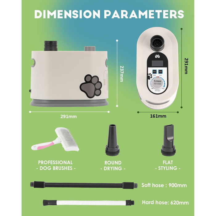 Фен для собак Mxmoonant 3000W з регулюванням швидкості та температури, з подовжуваним шлангом та великою насадкою, з рушником