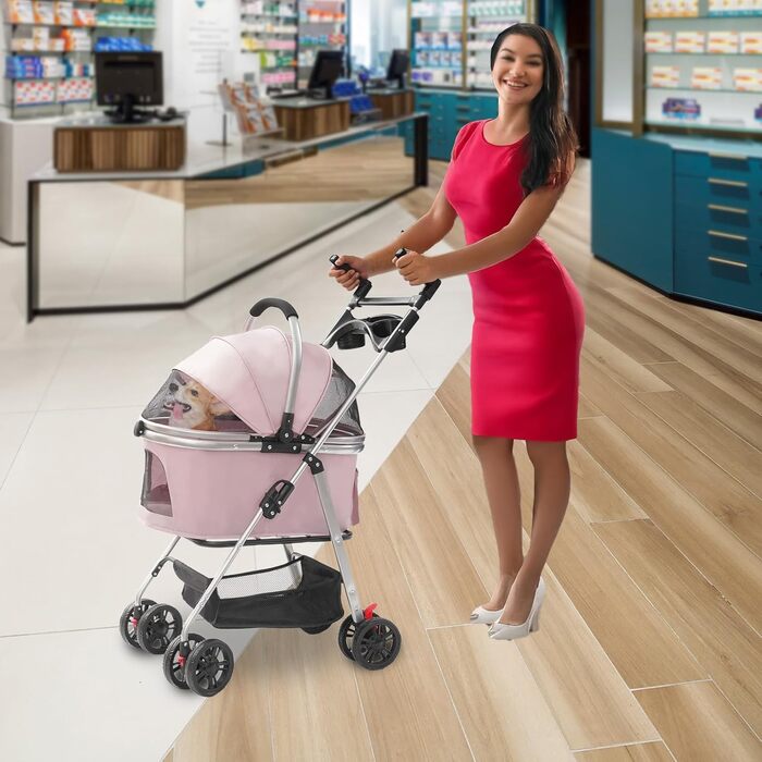 Складаний переносний візок для тварин з вантажопідйомністю 12 кг, знімний кошик 60x33 см, для котів та маленьких собак, для парку та подорожей, сітка для вентиляції та страховий поводок (Сакура-Рожевий)