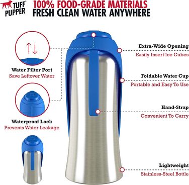 Фляга для води для собак PupFlask, 800/1200 мл, нержавіюча сталь, портативна поїлка для подорожей, не протікає, підходить для всіх порід