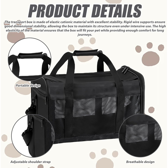 Транспортна переноска для котів та собак, 42x27x28 см, чорна: складана, з мискою для їжі