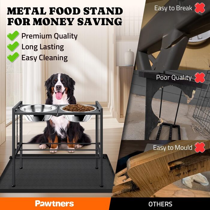 Підвищені годівниці для собак великих порід – металеві годівниці з 3 регульованими рівнями, стійкий підставник для великих та екстра-великих собак (Об'єм: 13 чашок*2), чорного кольору з підлогою-мат
