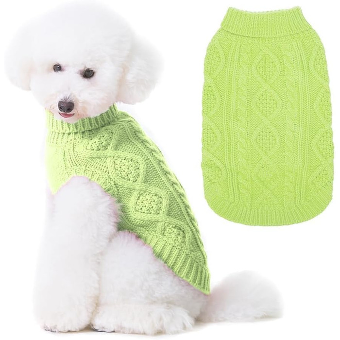 Теплий в'язаний светр Bingpet для собак середніх та великих порід, зимовий одяг для собак та котів, класичний ролkragen з косичками, світло-зелений, розмір Medium