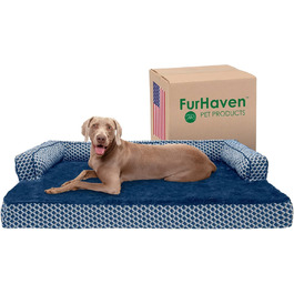 Ліжко для собак XXL Furhaven з ортопедичної піни, диван-подушка з плюшу, знімний чохол, синє, для великих порід