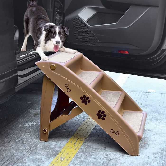 Сходинки для домашніх тварин GYMAX з 4 сходинками, складані, з пластику, з неслизькими підкладками, 4 килимками, трикутною структурою, для котів та собак (колір кавовий)