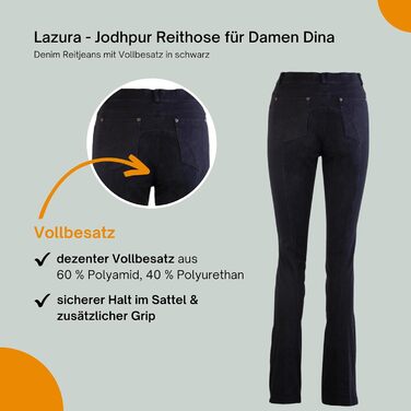 Лазура - жіночі рейтузи Джодхпур Діна | Джинсові рейтузи з повним обтиском | Дихаючі та еластичні рейтузи з повним обтиском | Джинсові рейтузи з 5 кишенями | Рейтузи для верхової їзди в 3 кольорах | Розміри 36-46 (46, Чорний)