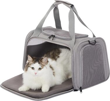 Транспортна сумка Petsfit для котів і малих собак, легка авіаційна переноска з захисним ременем та розширюваним килимком, сіра