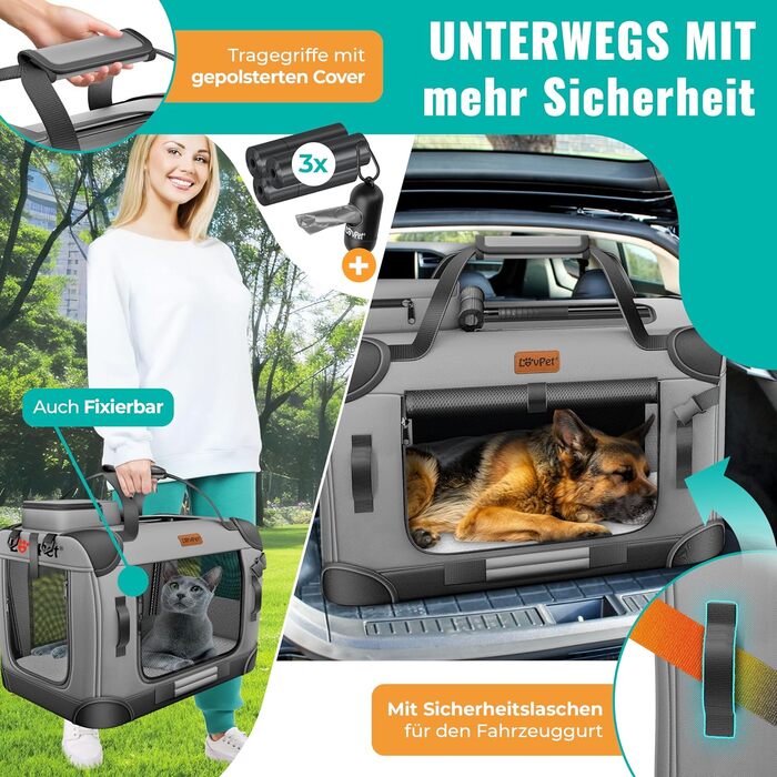 Транспортна переноска для собак та котів XXL 92x64x64 см | Переноска для тварин з мискою та плечовим ременем | Для котів та собак, сірого кольору