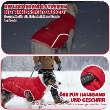 Зимовий теплий пуховик для собак - пуховик від снігу з відбиваючими смугами та кишенями, водовідштовхуючий, для маленьких та середніх собак (Червоний, M)