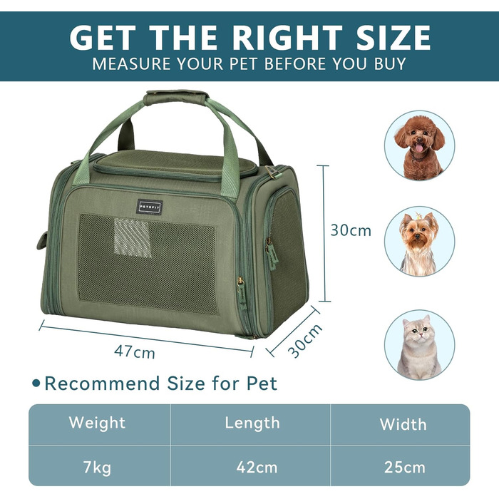 Транспортна переноска для котів та собак Petsfit, складна сумка-переноска, 47L x 30B x 30H см, оливковий колір