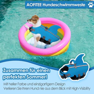 Жилет для плавання для собак AOFITEE з плавниками акули, регульований, з ручкою рятування, світловідбиваючий, синій, для малих та середніх собак