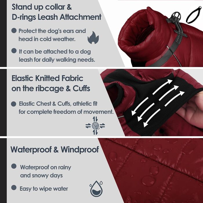 Водонепроникний зимовий одяг для собак AOFITEE - теплий костюм з флісу та світловідбиваючими смугами, Burgunder, X-Large