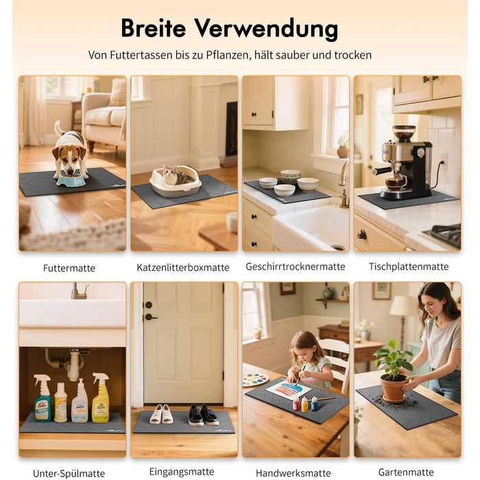 Підкладка під миску для собак та котів, сіра, 31 x 51 см - швидковисихаюча, нековзна, з абсорбентом