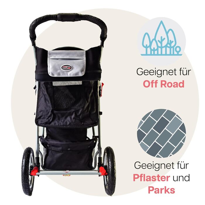 Візок для собак Innopet Comfort Air Eco чорного та срібного кольору – візок для собак/кішок з 30 см повітряними колесами, складаний, для лісових доріжок, світловідбиваючі смуги, органайзер, матеріал з переробленого нейлону