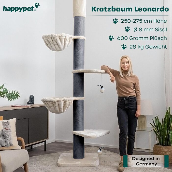 Кігтеточка HAPPYPET 'Леонардо' XXL для великих котів, 250-275 см, товсті стійкі стовпи, великі лежанки до 20 кг, гніздо, сертифіковане дерево, кігтеточка для Мейн-кунів та Регдоллів, сірий/кремовий колір