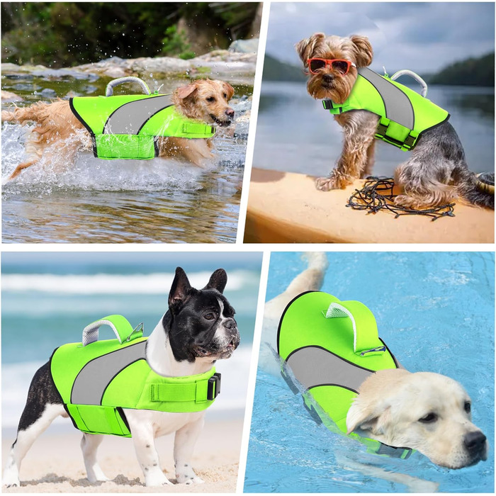 Жилет для плавання собак Doglay, регульований та світловідбиваючий, для плавання та катання на човні, висока плавучість, безпечний жилет з ручками для рятування та D-подібним кільцем, середнього розміру, флуоресцентний зелений та сірий