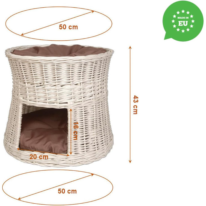 Кігтеточка-будиночок для котів: двоярусне ліжко з плетіння з лози, діаметр 50 см, з подушкою, білий колір