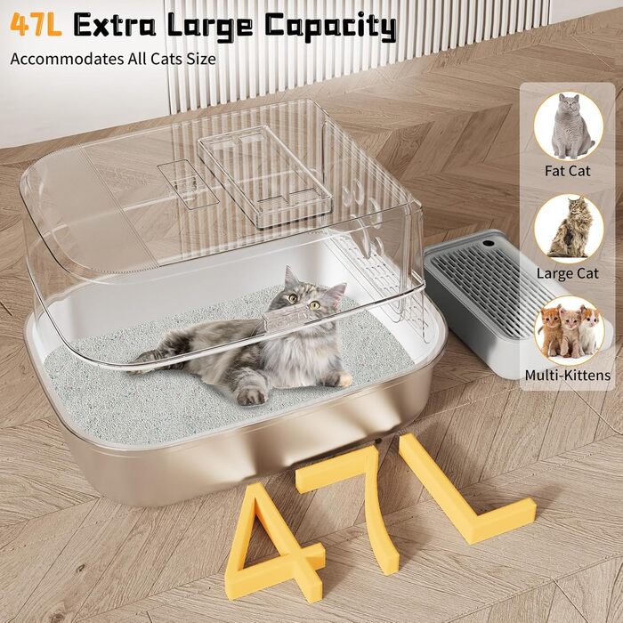 Котячий туалет із нержавіючої сталі з кришкою 60x40x39 см, 47 л, тришаровий, з подвійним фільтром, совком, не протікає, легкий у догляді, сірий