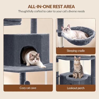 Драбина для котів Kratzbaum Groß 216 см, XXL розмір, стабільна з крізьолунами, 2 затишні будиночки, 2 платформи, 2 кошики, гамак, для дому, FPMS007FG1 (60 x 50 x 216 см, темно-сірий)