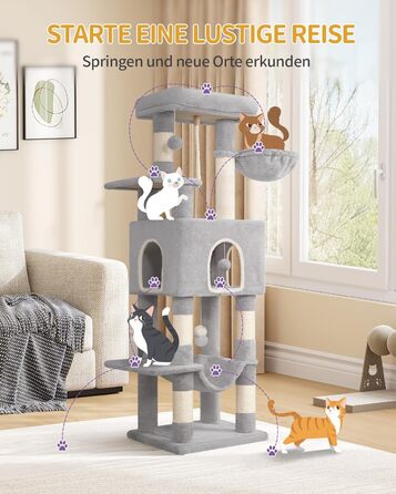 Когтедрашка для котів Hzuaneri, 149 см, з 5 когтеточками, платформами, будиночком, помпонами, сірого кольору MS14918LG