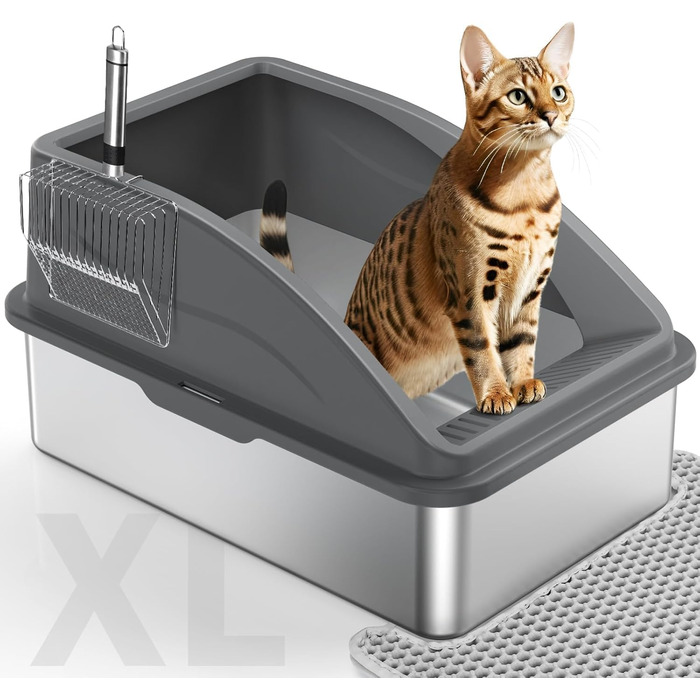 Лотки для котів Sprifityy, нержавіюча сталь XXL, з лопаткою та килимком, легко миються, без запаху, напіввідкриті, об'єм 28 л (темно-сірий), 60 x 40 x 31 см