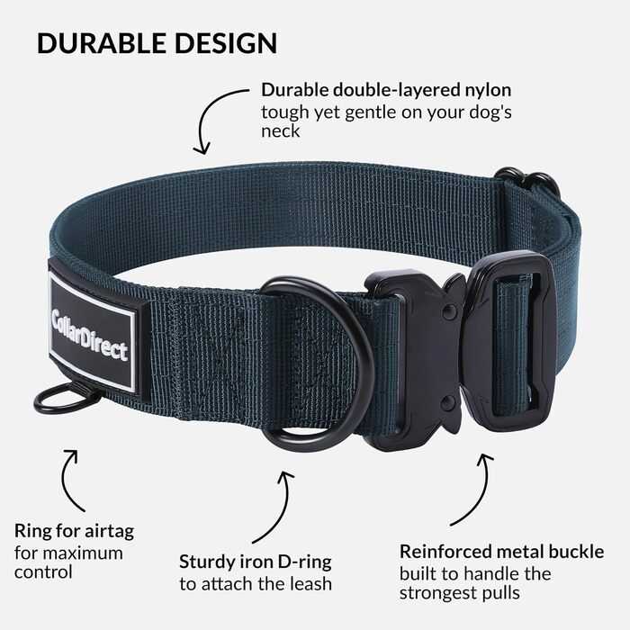 Міцний нашийник для собак великих та середніх порід – регульований, двошаровий нейлон, металева застібка, стійкий до розривів, ідеальний для активних собак (38-58 см), темно-синій