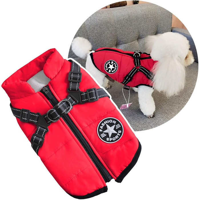 Зимовий теплий одяг для собак з шлейкою, тепла куртка для маленьких собак, XL (4-7 кг), червоний