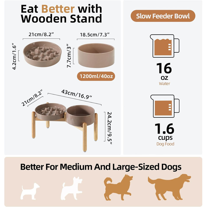 Підвищений годівниця для котів та собак з кераміки, для повільного годування, 13 см та 15,5 см миски, дерев'яний підставник, 2 шт. світло-зелений + підставка