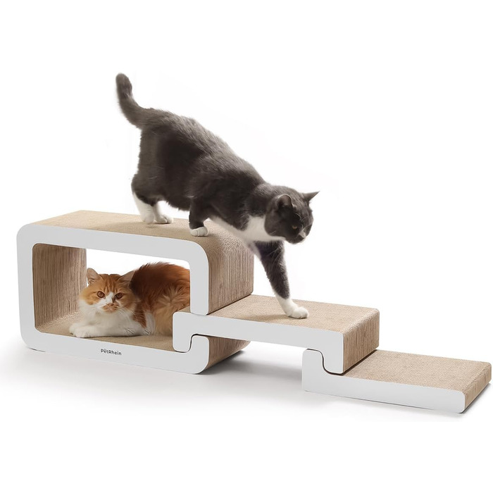 PetRhein 3-в-1 Кігтеточка для котів, велика XXL картонна кігтеточка, багатофункціональні меблі для котів з пандусом та будиночком, розтягується до 116 см, міцна завдяки стільниковій структурі, килимок для кількох котів