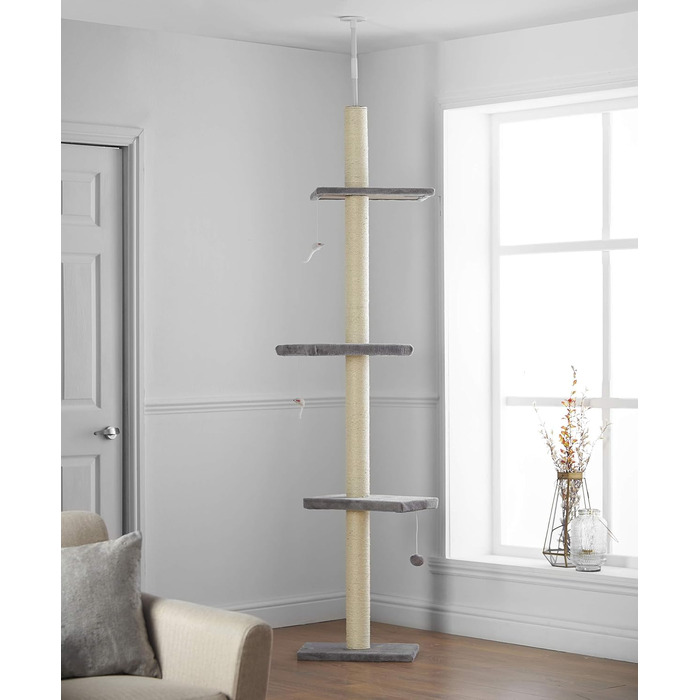 Котячий комплекс Kratzbaum Deckenhoch XL: сірий, 215-280 см, регульована висота, котячий будиночок, кігтетопка, ігровий комплекс