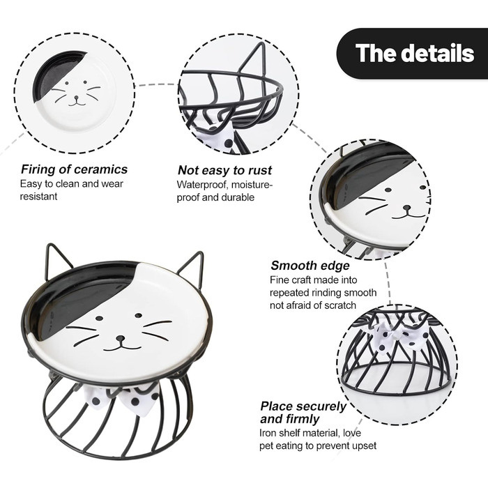 Керамічна миска для котів з металевим підставкою, піднята миска для котів Anti-Erbrechen, плоска керамічна миска для корму та води для котів та маленьких собак (Чорний)