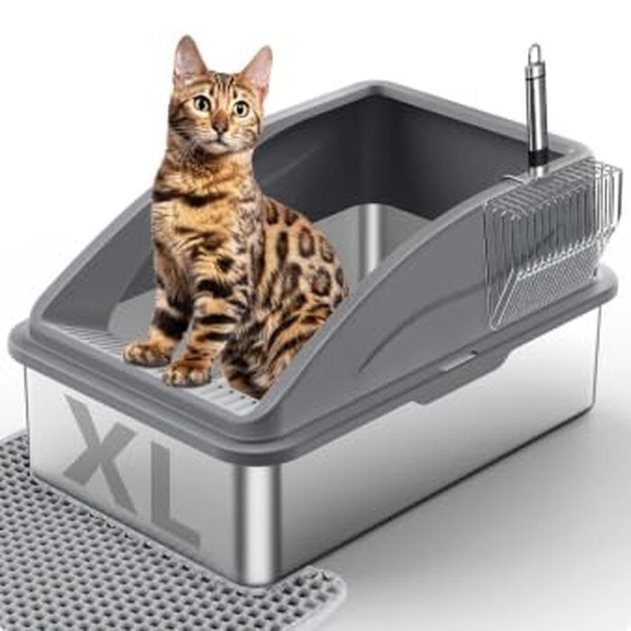 Лоток для котів FURTIME XXXL з нержавіючої сталі, екстра великий туалет для великих котів, темно-сірий (71x51x31 см)