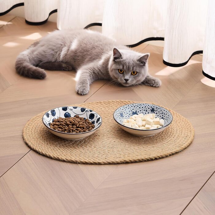 Керамічна годівниця для котів та собак - миска для корму маленьких котів, вінтажний синьо-білий дизайн (14 см), неслизька миска для котів - набір 2 шт.
