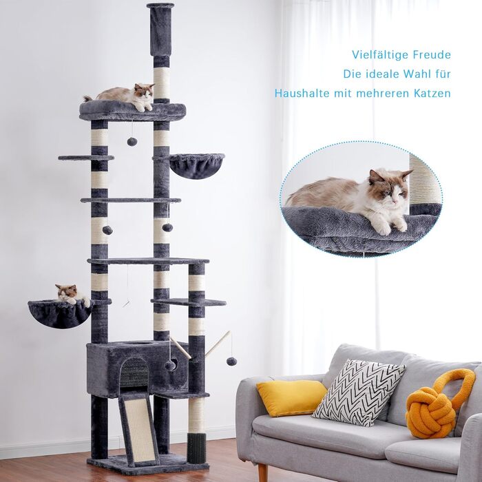 Котячий будиночок Hey-brother Kratzbaum: регульований котячий комплекс 250-280 см, до стелі, для великих котів, з гніздом, сірий (0MPJ091W)