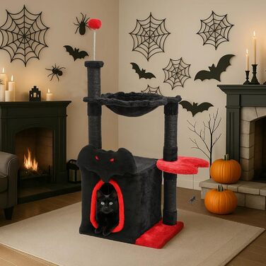 BYBYME Готичний кігтеточка для Хелловіну, 84.5 см, стійкий комплекс для котів з ліжком, будиночком, гамаком, кігтеточками з сизалю, багатофункціональна котяча іграшка (Чорний/Червоний), підлоговий, 96.5 см