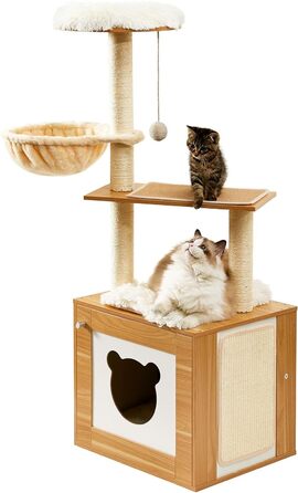 Made4Pets Котячий комплекс з туалетом, 2-в-1 сучасний котячий будиночок для кімнатних котів, 123,4 см, дерев'яний кондо з дряпаком, гамаком і знімною килимкою для великих котів
