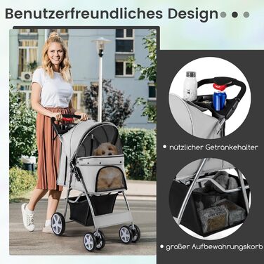 GYMAX Візок для домашніх тварин, складний, для котів/собак до 15 кг, з кошиком, дощовиком та сіткою, для маленьких тварин (сірий)