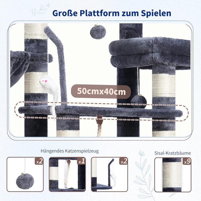 Великий котячий будиночок Kratzbaum GCT031W: 200 см, сірий, з платформами, гамаком та сизалевими стовпчиками для дому