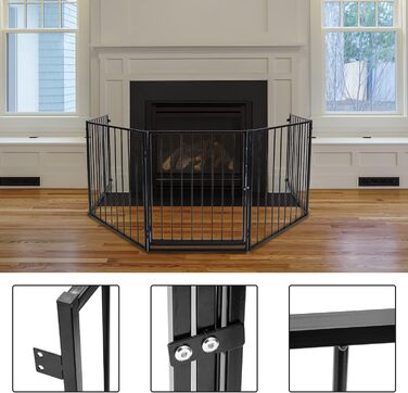 Захисна сітка для каміна Daromigo, 304 см, металева з дверцятами, сітка для дитячого манежу, захист від тварин, захист для дітей, чорна, 5 елементів