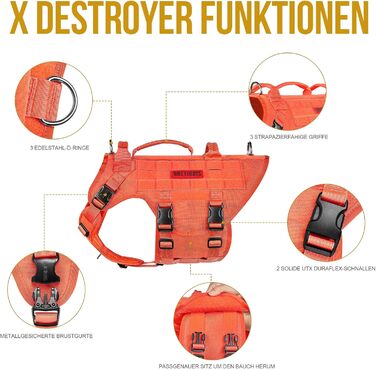 Тактична шлейка для собак OneTigris X Destroyer, антизривна, регульована, з 3 ручками та 2 металевими пряжками, помаранчева, розмір S