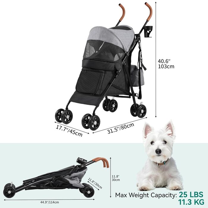 Візок для собак YITAHOME - переноска для тварин до 11,3 кг, з сіткою, тримачем для напоїв, кошиком та переноскою (сірий/чорний)