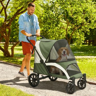 Складаний візок для собак середніх порід, прогулянковий buggy для домашніх тварин на 4 колесах із гальмами та страховим повідцем, темно-зелений