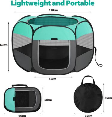 Клітка-біговий вольєр для цуценят та тварин, складана, 110x110x60 см, зелена
