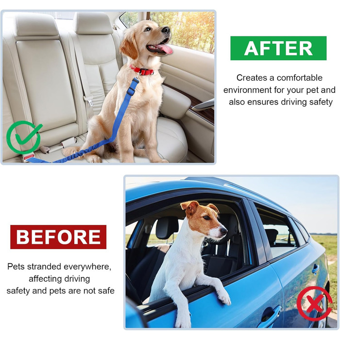 Ремінь безпеки для собак у машину, подвійний, еластичний, регульований з амортизатором та карабіном для маленьких та середніх собак (блакитний)