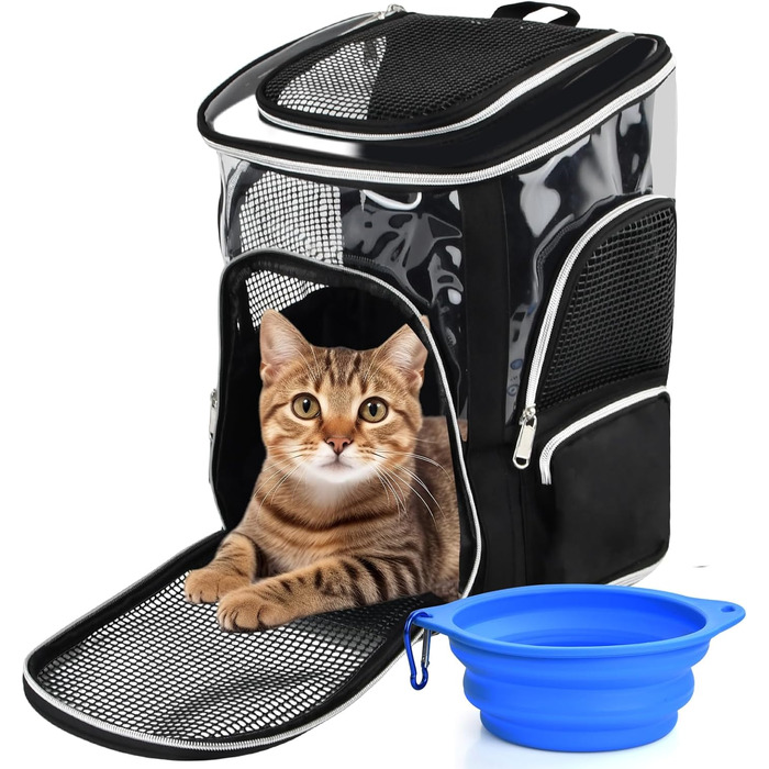 Рюкзак для тварин: переноска для собак та котів, до 9 кг, з сіткою та мискою, чорний