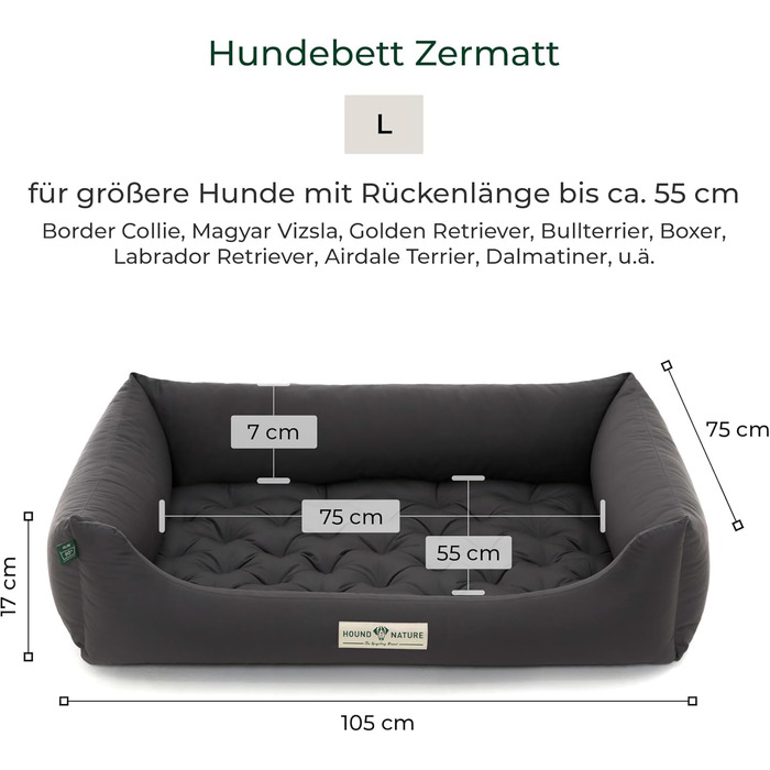 Ортопедичне собаче ліжко HOUND & NATURE Zermatt, корзина для великих собак з високим бортиком, м'яке собаче ліжко з подушкою, яку можна прати (L - 105x75 см, сірий)