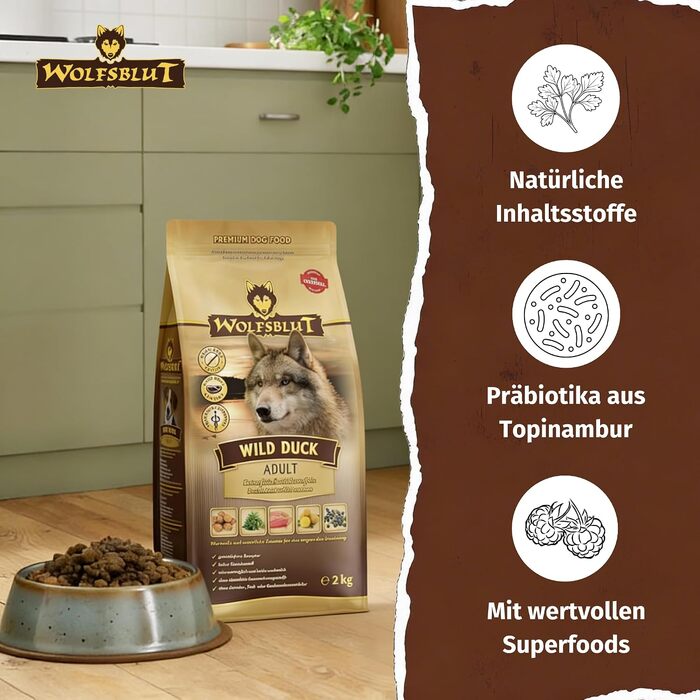Сухий корм для дорослих собак WOLFSBLUT Wild Duck з качкою та суперфудами, беззерновий, 2 кг