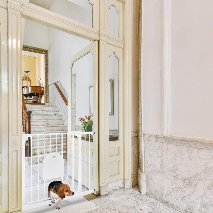 Захисні ворота для дітей та домашніх тварин SUBTLETY з дверцятами для котів, розширювані, без свердління, 85-95 см, білий